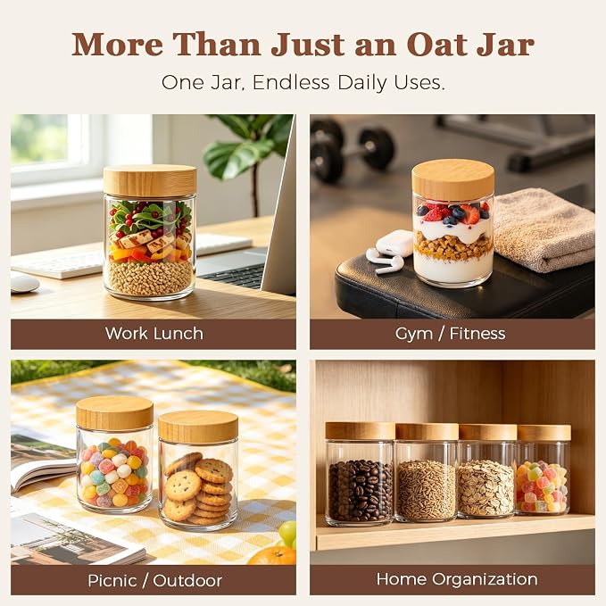 ComSaf Overnight Oats Containers with Lids 16 oz, Small Glass Jars 4 Pack | Mason Jar, Plastic Liner, Portable Yogurt Containers, Leakproof and Reusable Storage Jar, Oat, Meal Prep, Salad, Chia Pudding