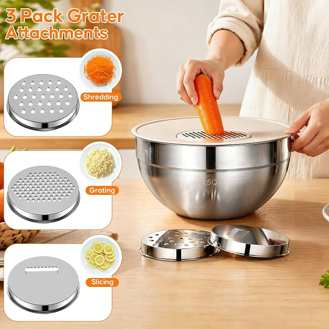 Stainless Steel Mixing Bowls with Lids Set, 4 Pack Cooking Bowls | Nesting Mixing Bowls with 3 Grater Attachments, Kitchen Airtight Metal Bowls, Size 4.5, 2.7, 1.5, 0.7QT for Mixing, Baking