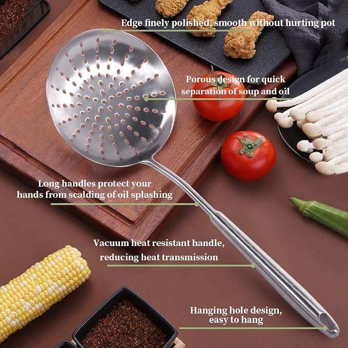 Skimmer Slotted Spoon, [Rustproof, Integral Forming, Durable] Newness 304 Stainless Steel Slotted Spoon with Vacuum Ergonomic Handle, Comfortable Grip Design Strainer Ladle for Kitchen, 16.8 Inches