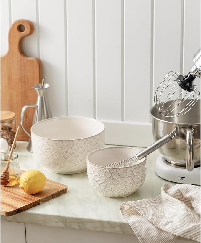 Mikiegy Ceramic Mixing Bowls Set of 2, Nesting Ceramic Embossment Stoneware Mixing Bowls for Cooking, Serving, Popcorn, Salad etc, Microwave & Dishwasher Safe, 44/98 oz, Off-White