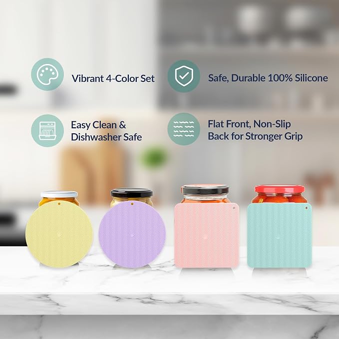 NiHome Jar Opener Gripper Pads, 6in Silicone for Seniors, 4-Pack | Macaron Pastel Colors & Set Options, Palm-Textured with Hang Holes, Square and Round Shapes, Dishwasher Safe Coaster