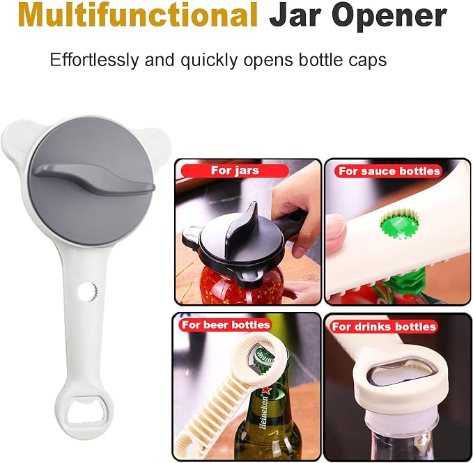 4-in-1 Multi-Functional Retractable Jar & Bottle Opener, Adjustable Stainless Steel Jar Opener for Seniors & Arthritis Sufferers,Suitable for 1''-3.5'' Jars, Bottles, Cans,Beer Caps (Grey)