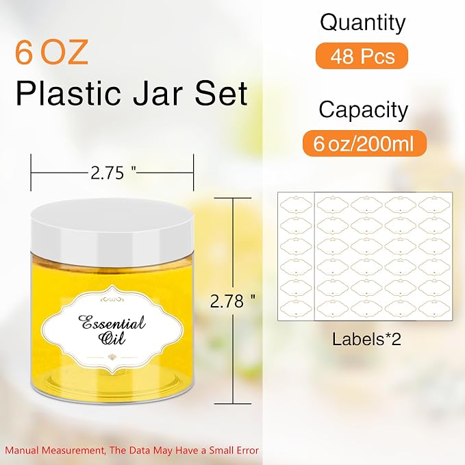 PeacePeo 6 OZ Plastic Jars with White Lids, 48 Pcs Slime Containers | Empty Round Clear Storage Jars, Wide Mouth Refillable, Easy to Clean, Space Saving, for Organizing Beads and Small Products