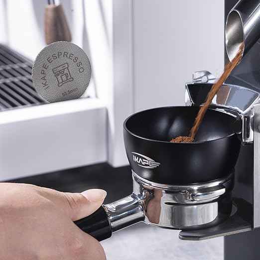 IKAPE Dosing Funnel Set Black, 53mm Espresso Dosing Ring & Puck Screen Kit Compatible with 53 mm Bottomless Portafilter