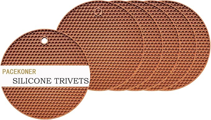 6-Pack Silicone Trivet Mats, Heat Resistant Hot Pads, Dishwasher Safe Kitchen Mats, BPA-Free Pot Holders for Table, Countertop, Stove, Honeycomb Design (Brown, 7“ Round)