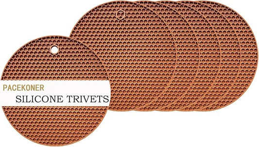 6-Pack Silicone Trivet Mats, Heat Resistant Hot Pads, Dishwasher Safe Kitchen Mats, BPA-Free Pot Holders for Table, Countertop, Stove, Honeycomb Design (Brown, 7“ Round)