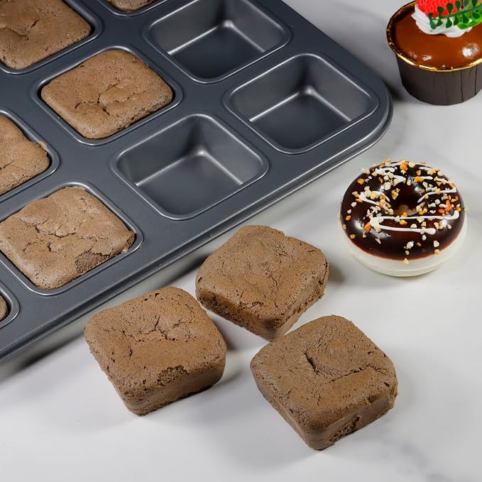 Tiawudi 2 Pack Brownie Pan, Non-stick Bakeware for Bread and Loaf, Heavy Duty Carbon Steel Mini Muffin Pan, 12-Cavity