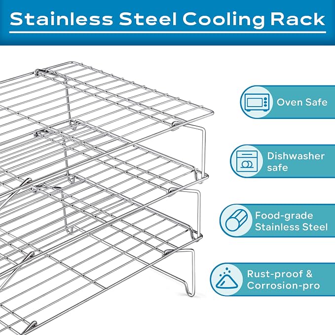 Leonyo 3-Tier 15x10IN Stackable Cooling Racks for Cooking Baking | Stainless Steel Wire Cooking Racks, Collapsible Cookies Cooling Racks for Pizza with Raised Legs, Dishwasher Safe