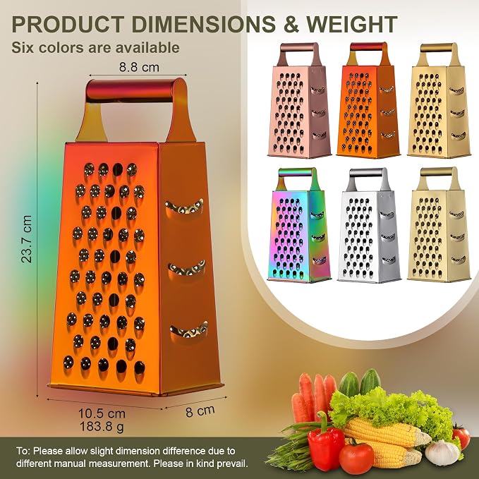 Handheld Cheese Grater Box for Kitchen, Stainless Steel 4 Sided Cheese Grater with Handle for Grinding Shredding & Slicing, Dishwasher Safe (Sunset Red)