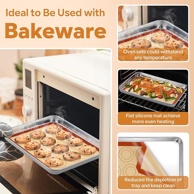P&P CHEF 11.6 Inch Silicone Baking Mat, 2Pcs Non-stick Silicone Oven Mats | Reusable Baking Supplies for Macaroon Pastry Bread Dough Cookie Pizza, Good for Roasting Kneading, Fit Well with Sheet Pan