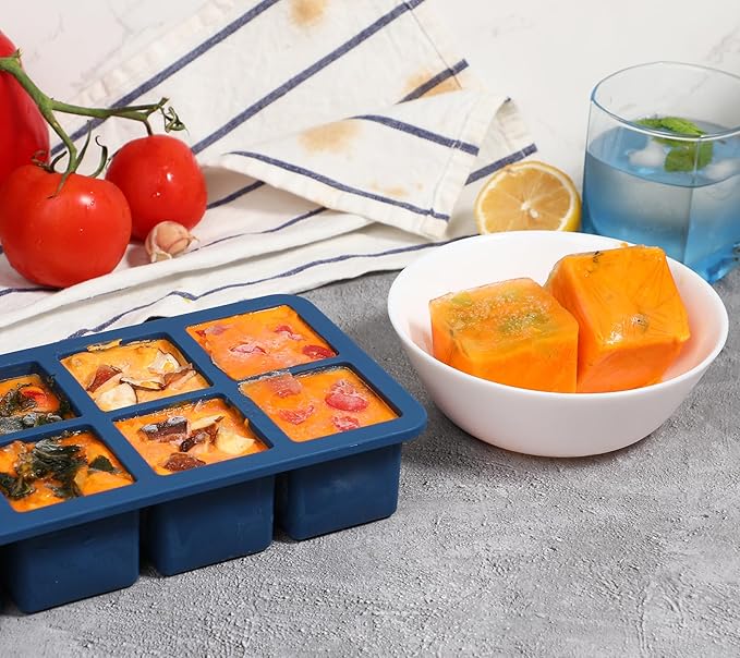 Webake 1/2 Cup Silicone Freezer Tray with Lids, 8-Grid Square Ice Cube Mold, Ideal for Prep & Portion, Large Ice Cube, Storage Soup, Snack, Broth, Leftovers, Pack of 2