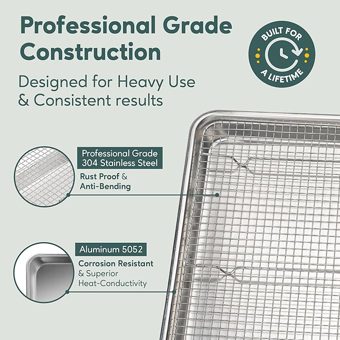 Aluminum Baking Sheet with Cooling Rack Set, 13'' x 18'' | 100% Stainless Steel Rack, Oven Safe, Half Sheet Size Pan, Durable Rimmed Sides, Easy Clean, Commercial Quality for Cooking