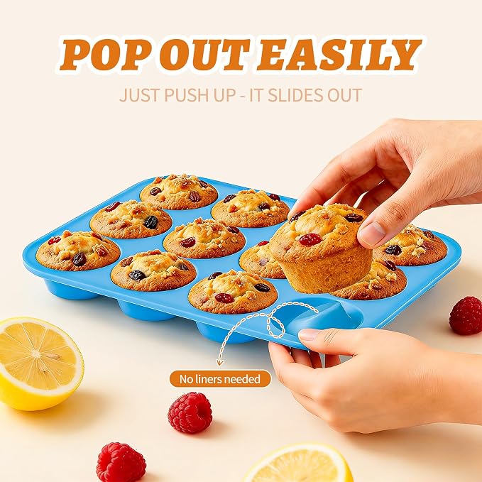 2Pack Silicone Muffin Pans with Metal Reinforced Frame,12 Cup Regular Size Silicone Cupcake Pan,Muffin Tin,Nonstick Cupcake Baking Molds for Muffins,Cupcakes,Egg Bites,BPA Free (2Pack Blue)