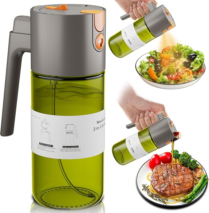 LAKUMIQI 2 in 1 Oil Sprayer for Cooking, 17oz | Light-Blocking Glass Spray Bottle with Stickers, Oil Dispenser for Salad, Air Fryer & BBQ