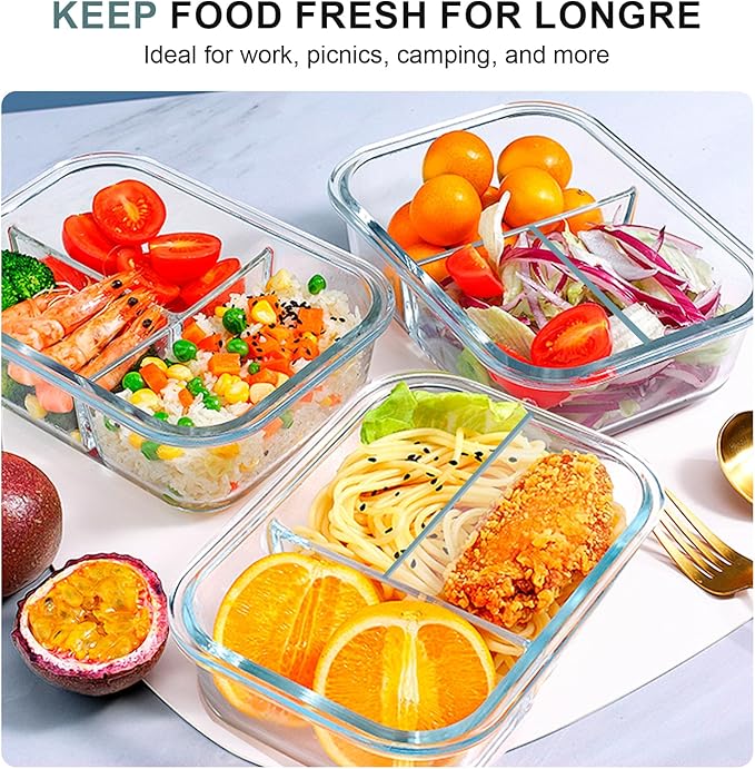 Glass Meal Prep Containers 3 Compartments, 5 Pack 36 oz, Green | Glass Food Storage Containers with Lids, Airtight Lunch Bento Box, Portion Control, Freezer and Microwave Safe