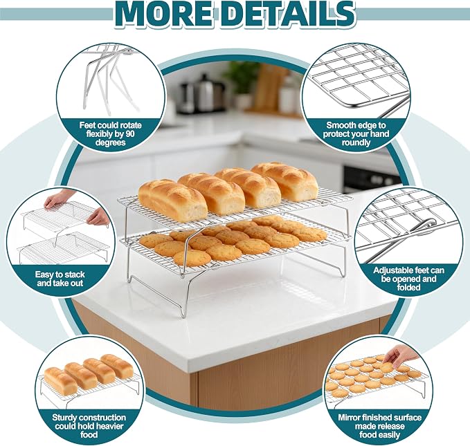 P&P CHEF 5 Tier Stackable Cooling Racks for Cooking and Baking, 15" x 10" | Stainless Steel Stackable Grid Cooling Rack for Cooling Roasting Grilling, Collapsible & Heavy Duty, Oven & Dishwasher Safe