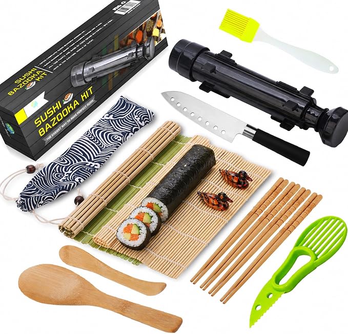 FUNGYAND Sushi Making Kit, All-in-One Bazooka Roller Set with Bamboo Mats, Avocado Slicer, Paddle, Knife, Chopstick & Holders, Cotton Bag - DIY Maki Roller Machine