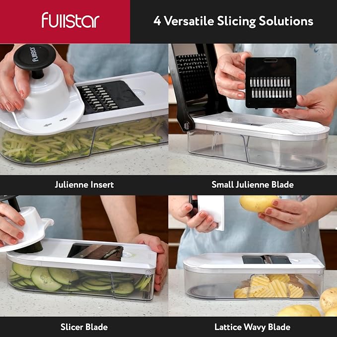 Fullstar Mandoline Slicer for Kitchen - Vegetable Chopper, Onion Potato Food Veggie Fruit Slicer and Cutter with Container, Kitchen Gadgets & Gifts, Home Essentials (10-in-1, White/Black)