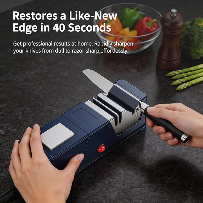 Electric knife sharpener, Professional Diamond Sharpening System with Replaceable Sharpening Abrasives, Fast Sharpening to Restore & Polish Chef Knives (Blue)