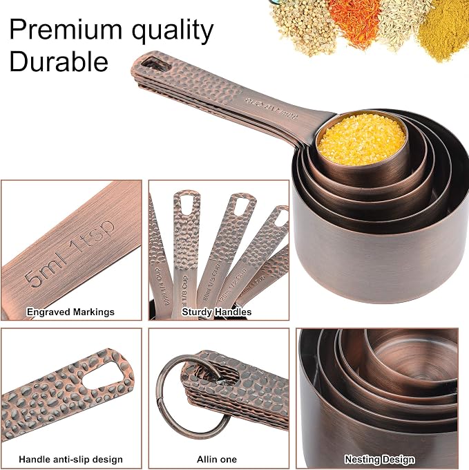 Copper Plated Measuring Cups and Spoons set, Stainless Steel Measuring Cups and Spoons Set for Baking & Kitchen, Cute Metal Metric & US Measure Cup and Spoon with Leveler & 1/8 Cup