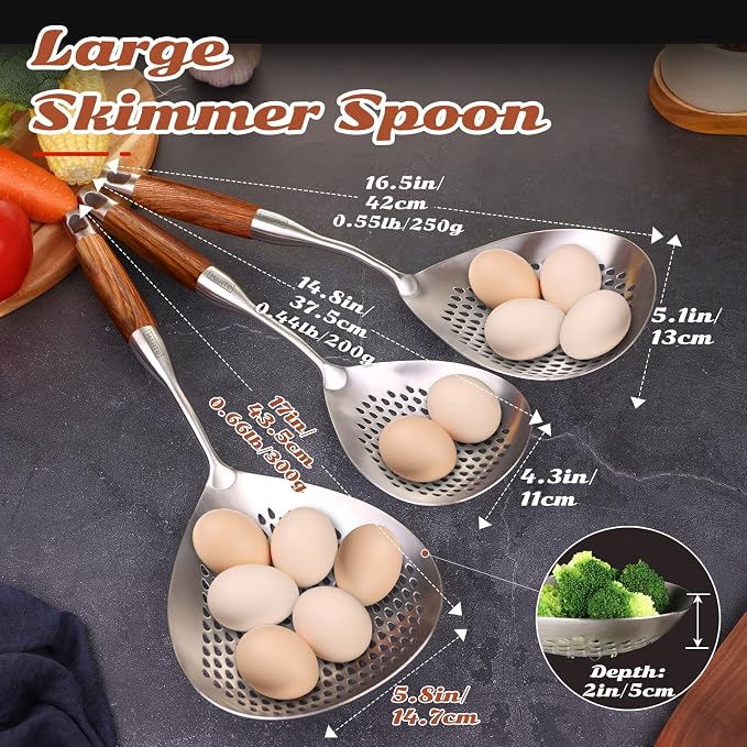 Skimmer Slotted Spoon -17in 304 Stainless Steel Pasta Spider Strainer Skimmer Ladle Spoon for Cooking and Frying - Kitchen Large Metal Scoop Colander Strainer Spoon with Heat Resistant Wooden Handle