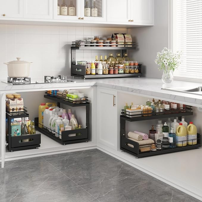 Under Sink Organizer Upgrade To Professional Rails,2-Tier Dual Pull Out Cabinet Storage,Height Adjustable Slide Out Drawers For Bathroom Kitchen,1 Pack-21"Dx12.8"-16.9"H,Black