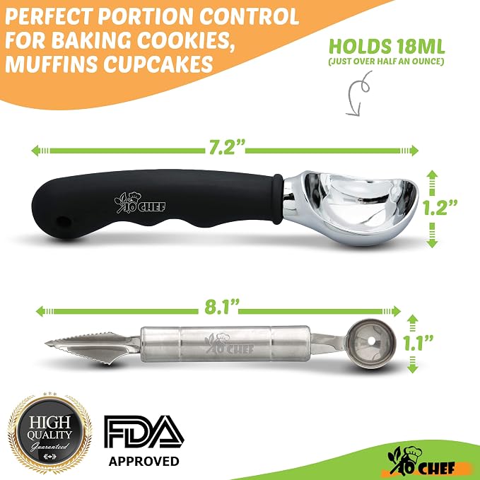 Ice Cream Scoop - Comfortable Silicone Non-Slip Black Grip - Dishwasher Safe Ice Cream Scooper Antifreeze - With Bonus stainless steel Melon Baller/Carving Knife Tool By Jo Chef (Black 2020)