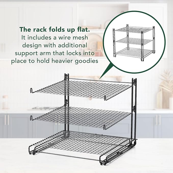 Nifty 3-Tier Cooling Rack – Non-Stick Coating, Wire Mesh Design, Dishwasher Safe, Collapsible Kitchen Countertop Organizer, Use for Baking Cookies, Cakes, Pies