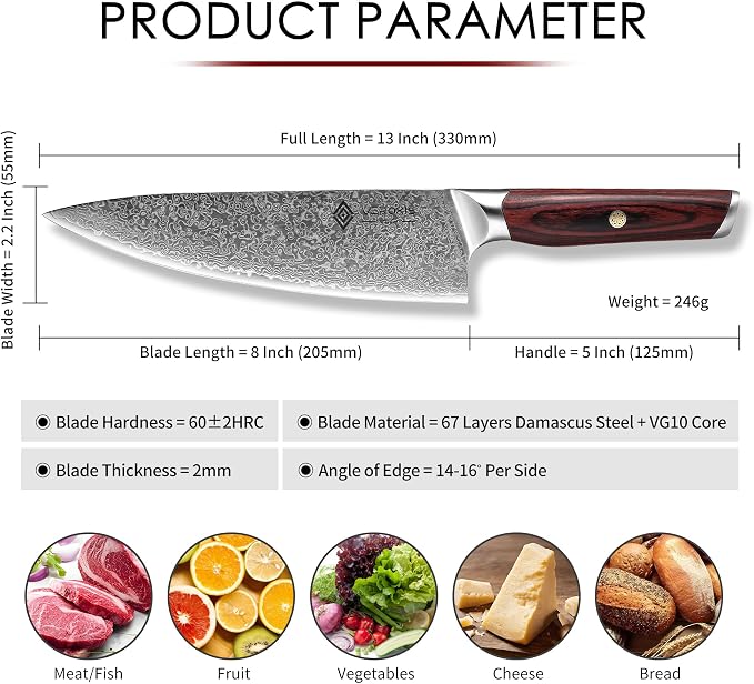 VEROXIS Damascus Chef Knife 8 Inch, Professional Japanese Kitchen Knives Sharp High Carbon Super Steel with Ergonomic Pakkawood Handles, Elegant Gift Box Packaging