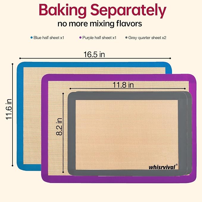 4 Pack Silicone Baking Mat, Non-Stick Silicone Baking Sheet, Food Safe Silicone Mats for Baking, 480℉ Heat Resistant, 2 Half & 2 Quarter (Purple, Blue, Grey) | Food Safe Silicone Mats for Baking, 480℉ Heat Resistant, 2 Half & 2 Quarter (Purple, Blue, G...