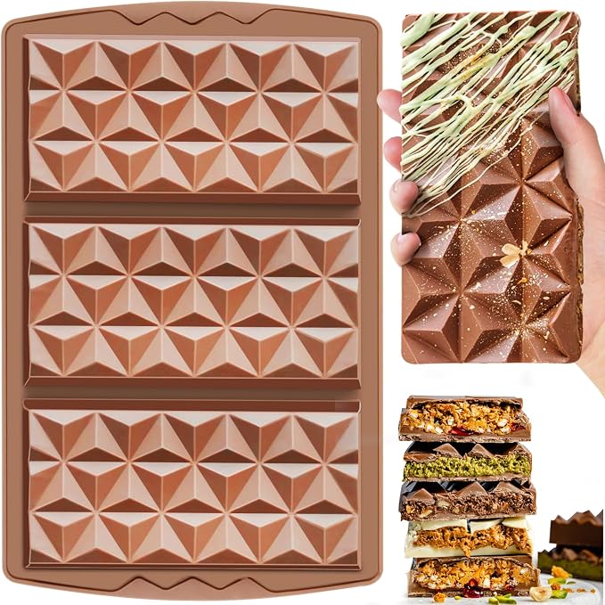 HKNMTT Chocolate Bar Mold Silicone, Large Stuffed Dubai Pistachio Deep Bar Moulds Kit 0.85 Inch Thick Big, Ideal for Homemade Making Candy Bar Bpa Free DIY Diamond Grid