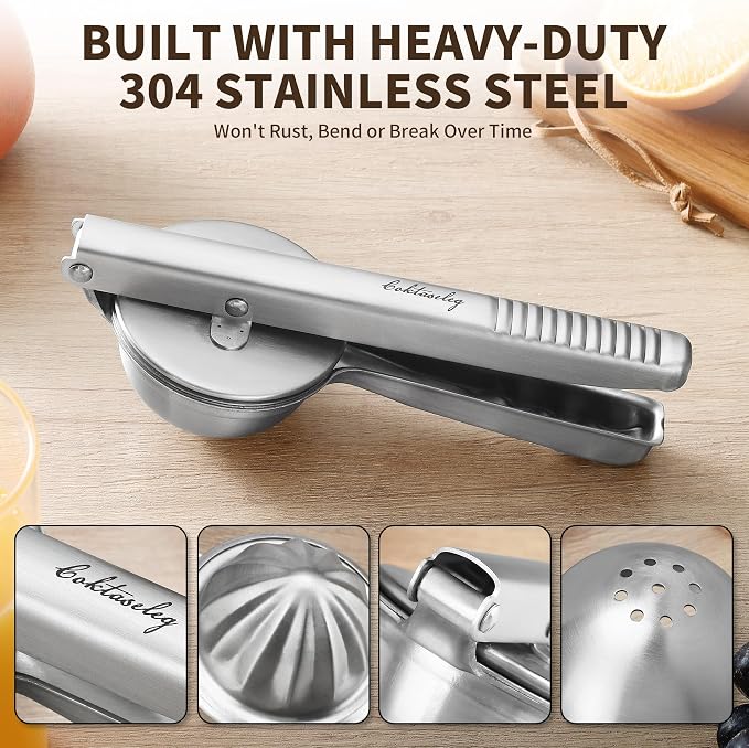 Heavy Duty Lemon Juicer, Premium 304 Stainless Steel Manual Citrus Press, Handheld Squeezer for Lemon, Lime & Orange, Easy & Effortless Use