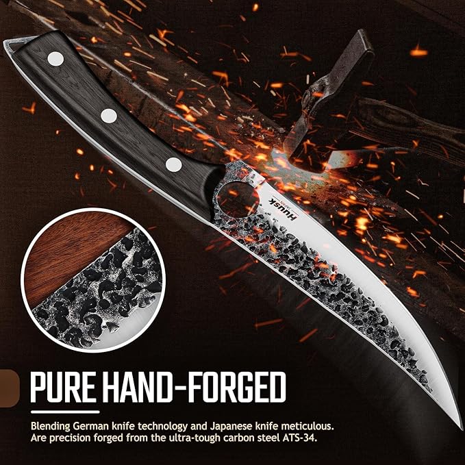 Huusk Viking Boning Knife 6 inch, Japanese Boning Knives for Meat Cutting, Full Tang Fillet Knife with Sheath, Brisket Trimming Knives for BBQ, Camping, Christmas Gift for Men and Women