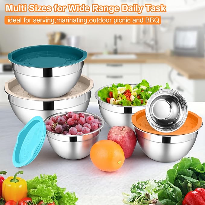 LIANYU Mixing Bowls with Lids Set, Large 7 & 3.5 & 2.5 & 2 & 1.5 & 1QT | 6 Piece Stainless Steel Serving Bowls, Kitchen Metal Nesting Bowl for Cooking, Food Storage, Dishwasher Safe, Multi-Color
