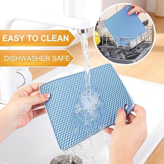 4 PCS Heat Resistant Silicone Trivet Mat for Hot Dishes, Hot Pots and Pans | Multipurpose Non-Slip Hot Pads Pot Holders for Kitchen Countertops Table, Food Grade Silicone & BPA Free, Blue/Grey