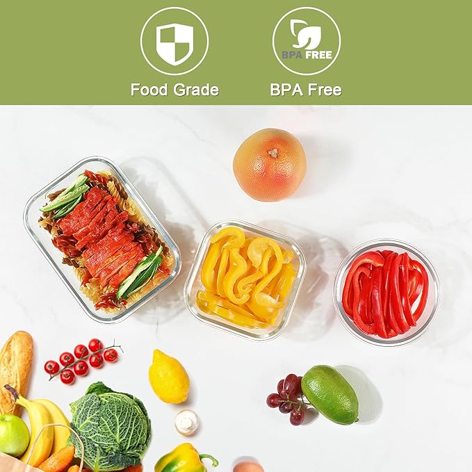 BAYZZ 30 Piece Glass Food Storage Containers Set, Glass Meal Prep Containers with Lids, Airtight Lunch Box, BPA-Free, Microwave, Freezer & Dishwasher Safe,Green