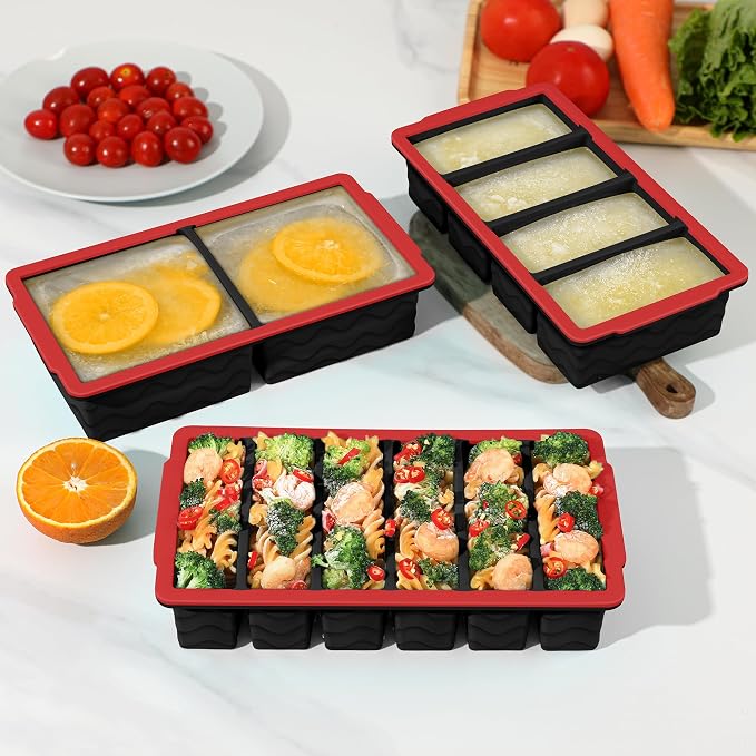 3-Pack Silicone Freezer Trays with Lid,2 Large 2-Cup(500ml)&4 Medium 1-Cup(250ml)&6 Small 1/2-Cup(125ml) Soup Freezer Container Molds,Ice Cube Tray For Meal Prep&Freezing Soup(Black with Red Trim)