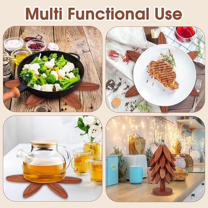 Tree Coasters, 5-Layer Wooden Trivets for Hot Dishes/Pot/Bowl/Teapot/Pans, Enhanced Heat Insulation Tree Shape Trivet Set, Gifts for Him/Her (Leaf Pattern - 5Pcs)