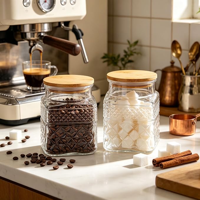 38 FL OZ Glass Storage Jar with Vintage Pattern and Airtight Lid,Square | Kitchen Pantry Coffee bar Canister for Coffee Sugar Cereal Nut Candy, Airtight Bamboo Lid, Thick Glass,Wide Mouth Opening