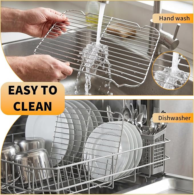 Roasting Pan Rack for 9x13 Inch Pans, Stainless Steel Insert with Raised Feet, Wire Cooling Rack for Toaster Oven, Metal Bacon Cookie Trays Nonstick Rust Free, Easy to Clean, Strong Reliable