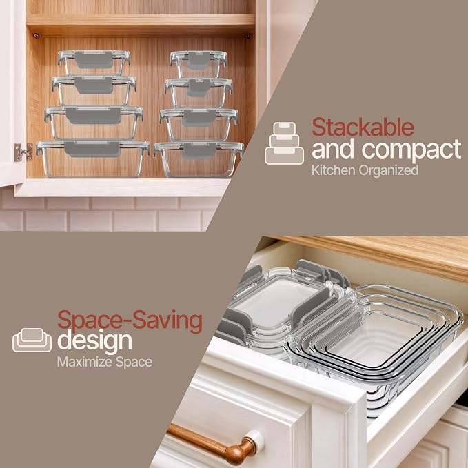 Bakken Borosilicate Glass Food Storage Containers with Lids 24 Pieces, BPA-Free Stackable Lunch & Leftover Containers, Microwave, Freezer & Dishwasher Safe, 100% Airtight Leak-Proof, Gray