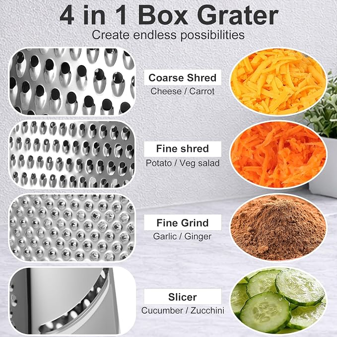 Ourokhome Cheese Grater with Handle, Stainless Steel Box Grater, 4 Side Kitchen Vegetable Shredder Slicer Zester with Container for Parmesan, Cabbage, Ginger, Lemon, Chocolate, Coconut (Teal black)