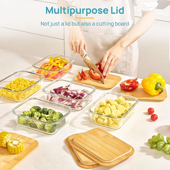 Vtopmart 5 Pack Glass Food Storage Containers with Bamboo Lids, 35oz | Reusable Meal Prep Containers for Leftovers, Lunch & Kitchen Storage, Microwave, Dishwasher Safe Glass Food Containers