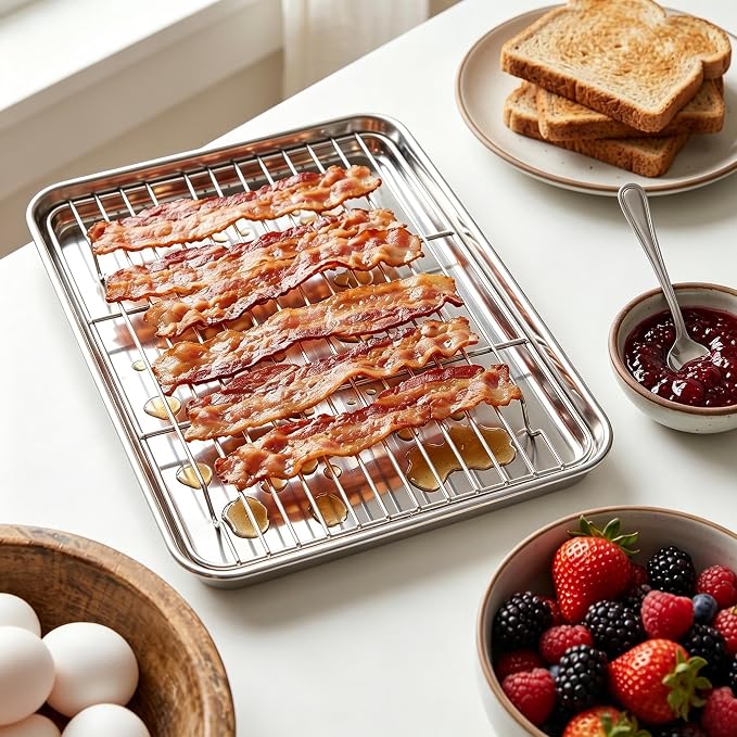 Homikit Quarter Sheet Pan with Wire Cooling Rack (1 Pan+1 Rack), Nonstick | 10x12 Inch Stainless Steel Baking Sheet with Rack, Small Cookie Pans for Toaster Oven, Metal Bacon Tray Dishwasher Safe