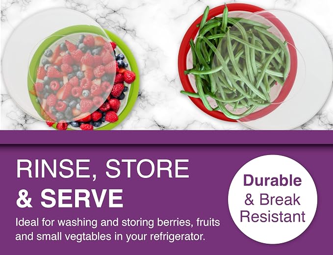 Arrow Berry Bowl & Berry Colander Set - Fruit Strainer Container with Lid - Rinse, Store & Serve - Dishwasher Safe, BPA Free - 1 Quart, Assorted Colors (Red or Green) - Made in USA