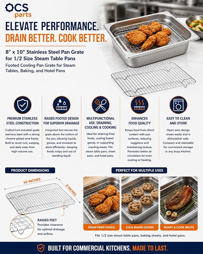 OCS Parts 3-Pack 8" x 10" Stainless Steel Pan Grates | Footed Cooling Pan Grate for 1/2 Size Steam Tables, Baking, and Hotel Pans