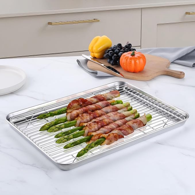 Homikit 16x12 Inch Baking Sheet with Wire Cooling Rack (1 Pan+1 Rack) | Stainless Steel Cookie Sheets for Baking, Metal Jelly Roll Pan Nonstick, Bacon Tray with Rack Set for Oven, Dishwasher Safe
