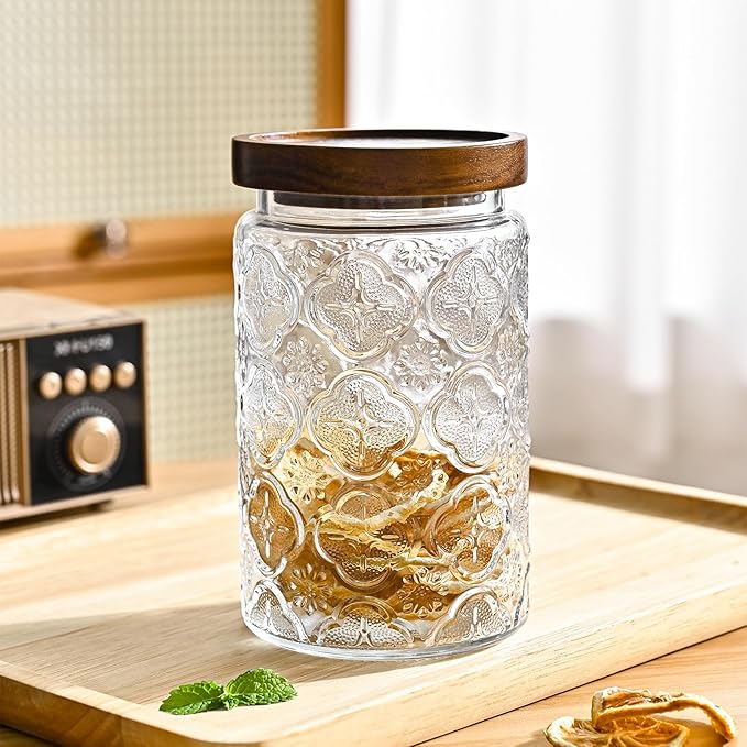 Adodeen 32oz Vintage Glass Jars With Lids, Airtight Food Storage Containers, Kitchen Canisters For Sugar, Coffee, Tea, Spice, Flour, Candy Cookie, Pasta, Cereal, Cute Decorative Jars | Airtight Glass Food Storage Containers, Kitchen Canisters For Sugar...
