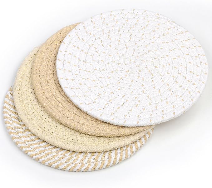 SHACOS 8 Inches Trivets for Hot Dishes, Pot Holders for Hot Pots and Pans, Handmade Cotton Woven Trivets Set, Heat-Resistant Hot Pads Plate Mats for Kitchen Countertops, Table Decor (Khaki, 4pcs)