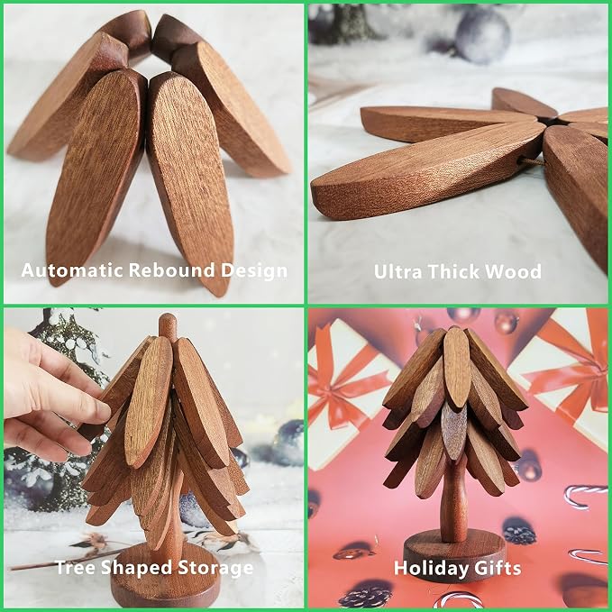 Wooden Tree Trivets for Hot Dishes 4 Trivets Tree Decorative Shape Hot Pads for Countertops Trivet Set with Card for Hot Pots Pans Bowls Coasters